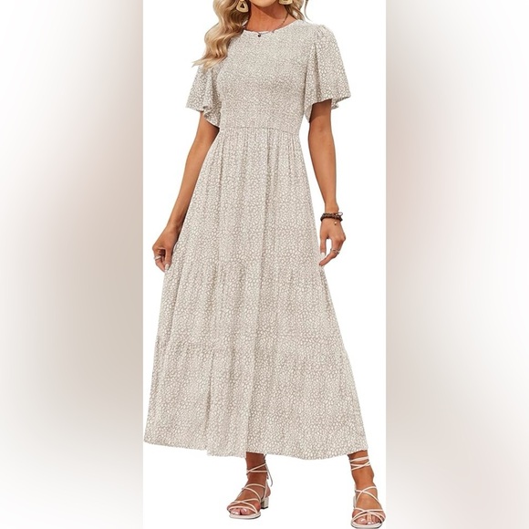 ZESICA Women's Floral Short Flutter Sleeve High Waist Flowy Maxi Dress - Picture 1 of 8